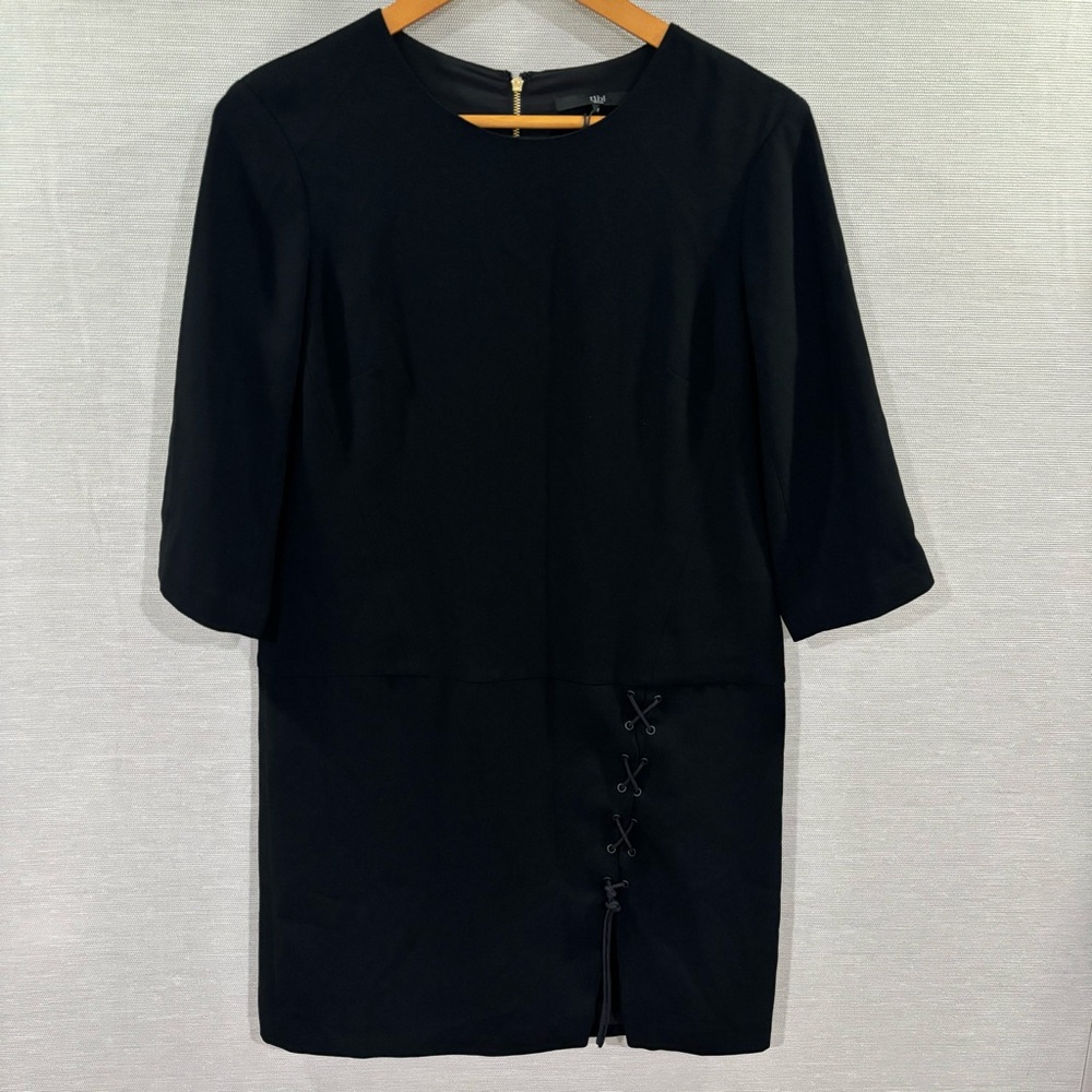 NWT Tibi Black Sheath Dress 3/4 Sleeve Crew Neck Lace Up Slit Dress‎ Size 4